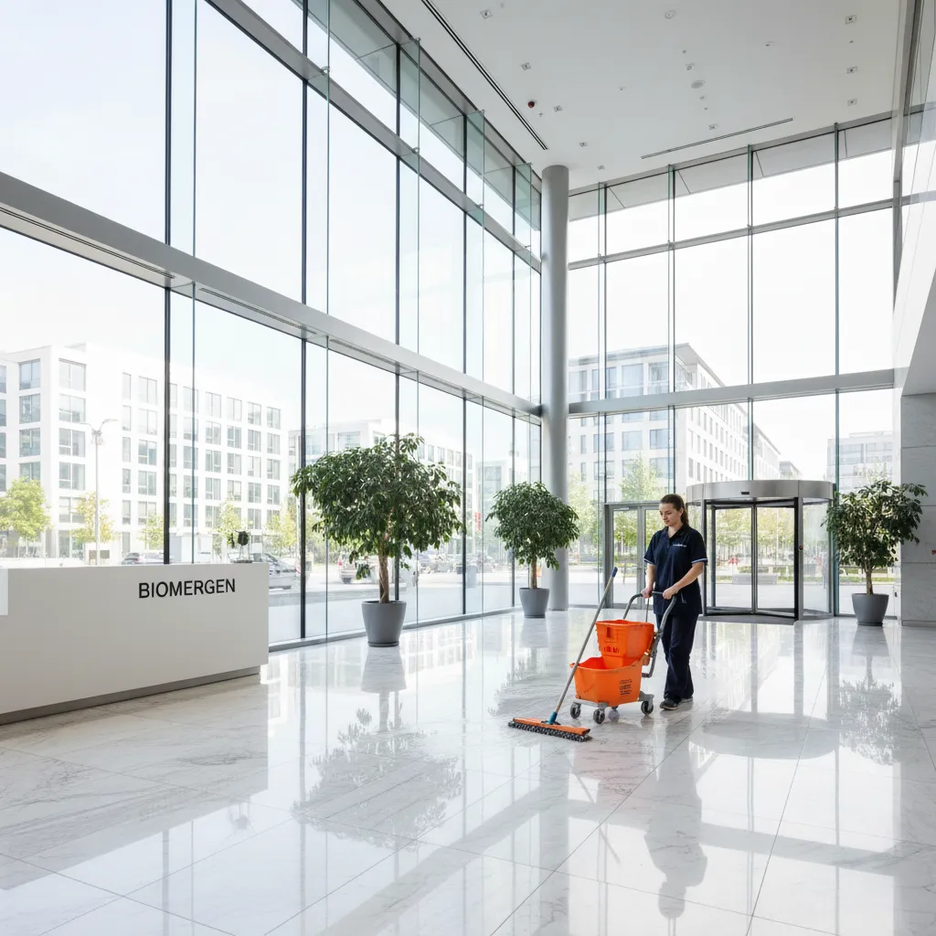 Gärtner schneidet Hecken und entfernt Laub in gepflegtem Innenhof, realistisch, 1:1