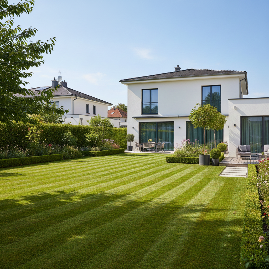 Frisch gemähter Garten mit gepflegtem Rasen