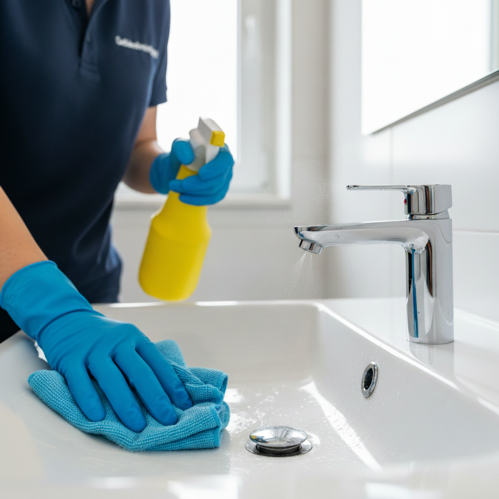 Professionelle Reinigung eines modernen Badezimmers