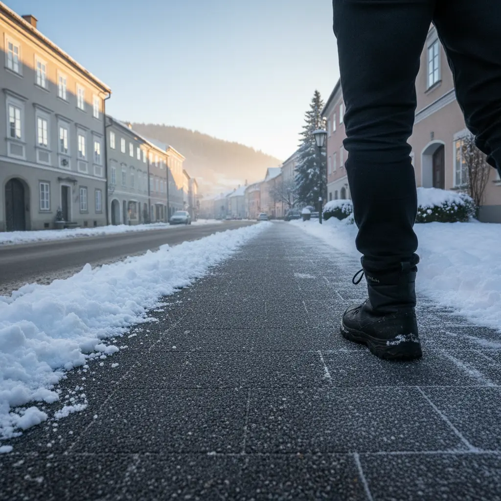
Schneepflug räumt eine verschneite Einfahrt bei Sonnenaufgang in einer ruhigen Wohnsiedlung